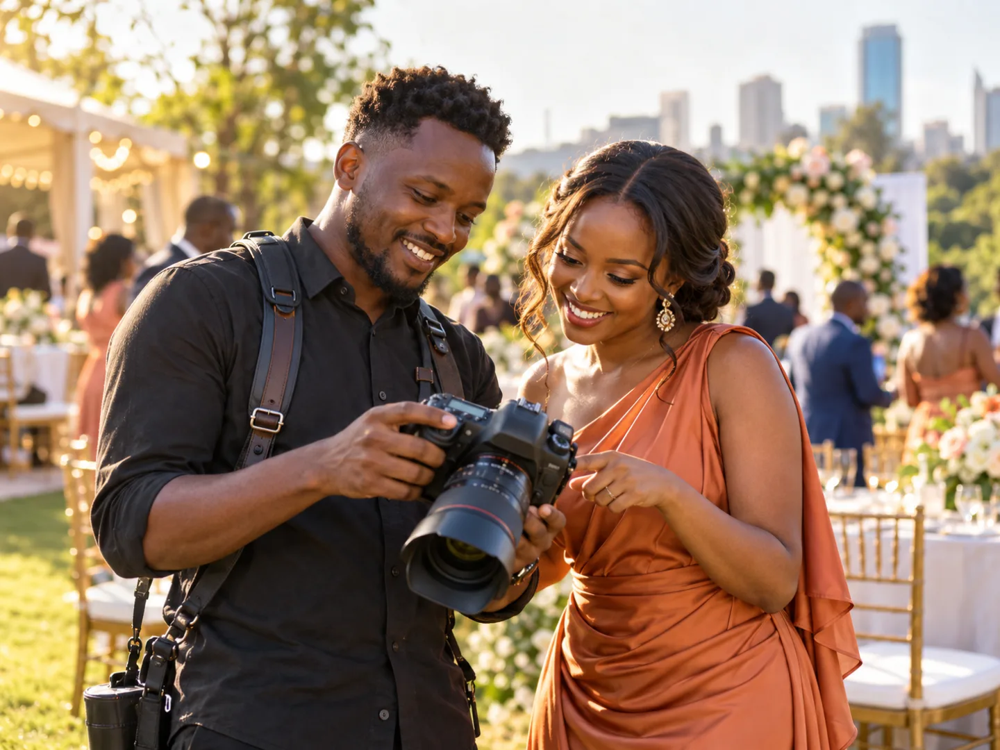 Event photographer reviewing a photo with a client